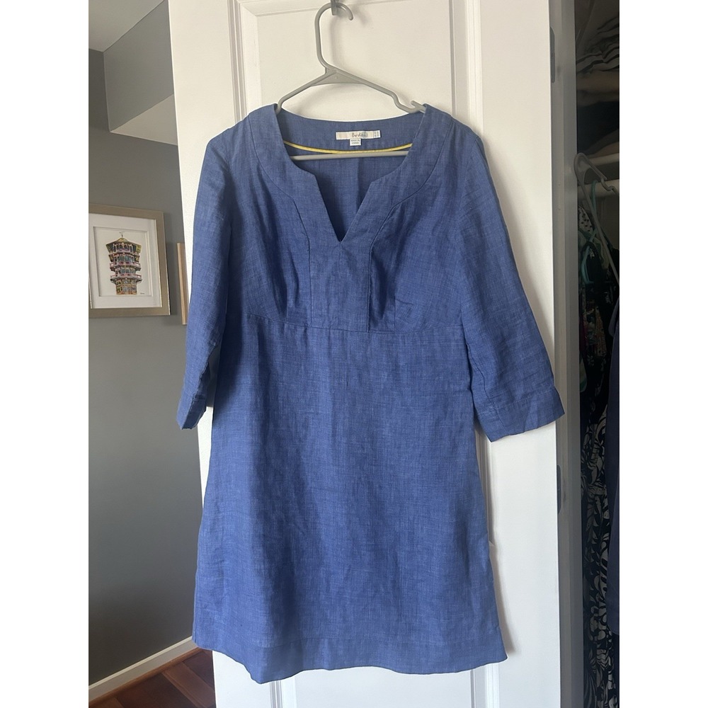 Boden Dress 100% Linen Blue Shift Split Neck 3/4 Sleeve Side Zip Size 6R